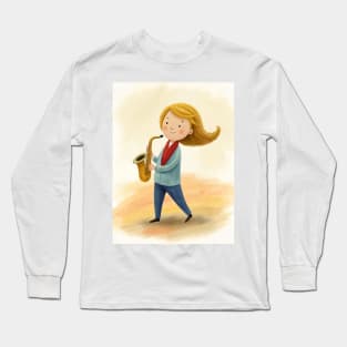 Saxaphone playing cute girl Long Sleeve T-Shirt